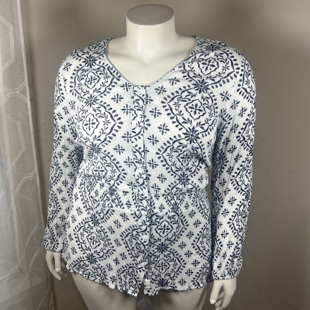 Lane‎ Bryant Shirt 22 Black White Button Down Tunic Hi Low Peasant Casual Career